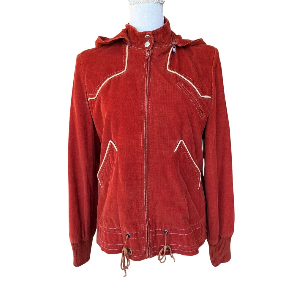 Vintage Rust Orange Corduroy Western Jacket Hooded Zip Front‎ Retro 70s Style S